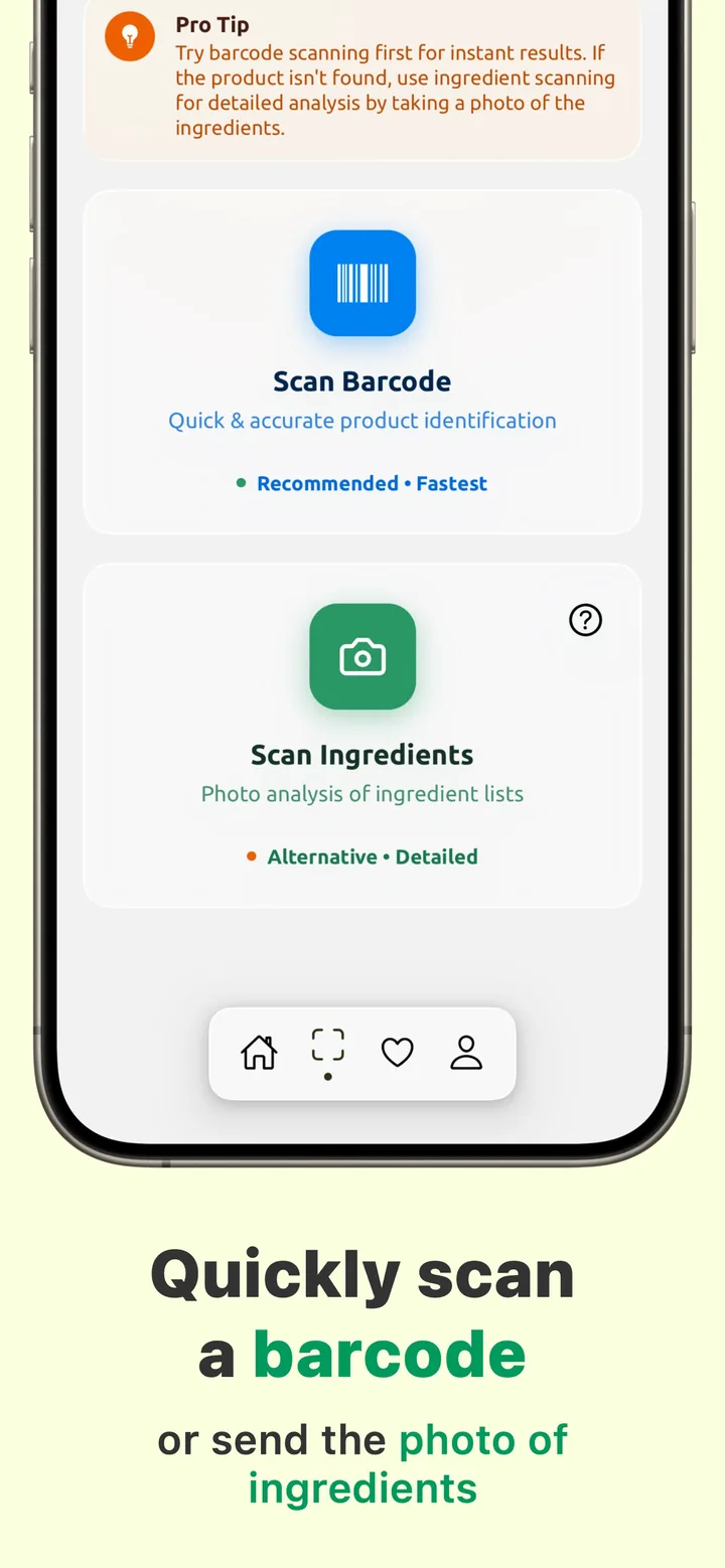 The Halal Scanner scan menu: scan a barcode for an instant match, or photograph the ingredient list for a detailed analysis