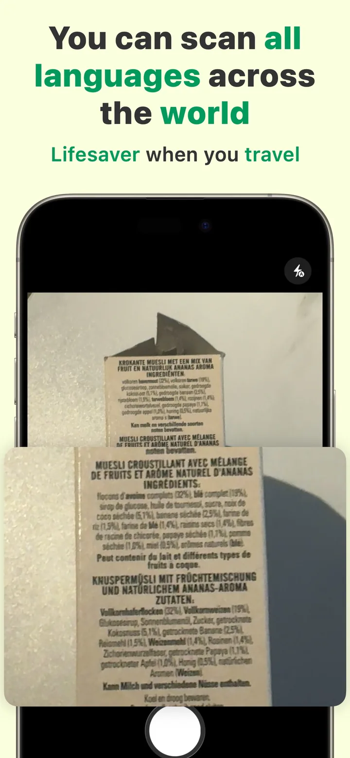 Photographing a product's ingredient list with Halal Scanner — it reads labels in any language