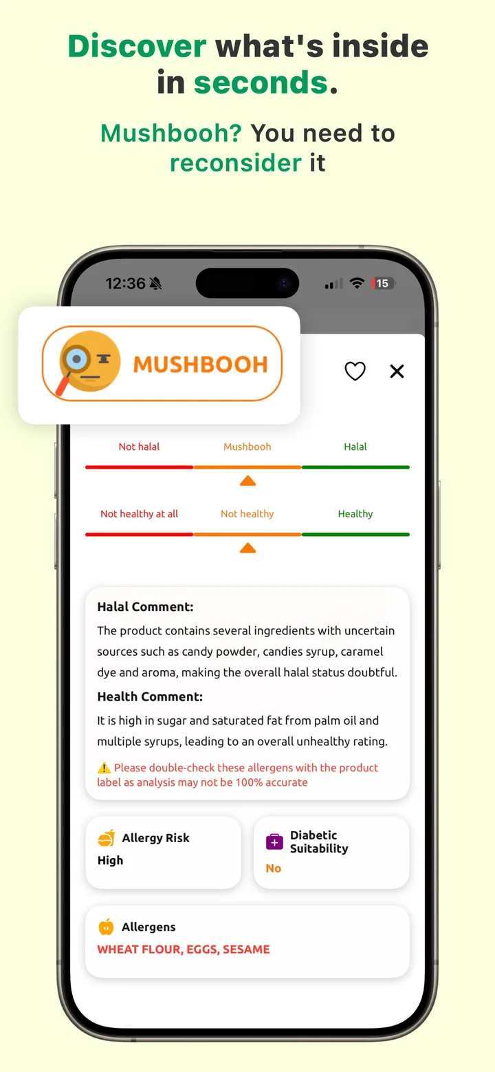 A MUSHBOOH (doubtful) verdict in Halal Scanner, explaining which uncertain ingredients caused it