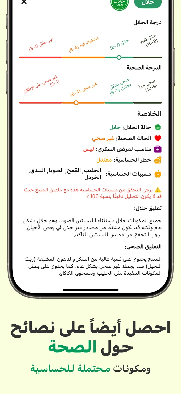 نصائح صحية إلى جانب حكم الحلال — خطر الحساسية، ومدى الملاءمة لمرضى السكري، ومسببات الحساسية الموجودة في المنتج