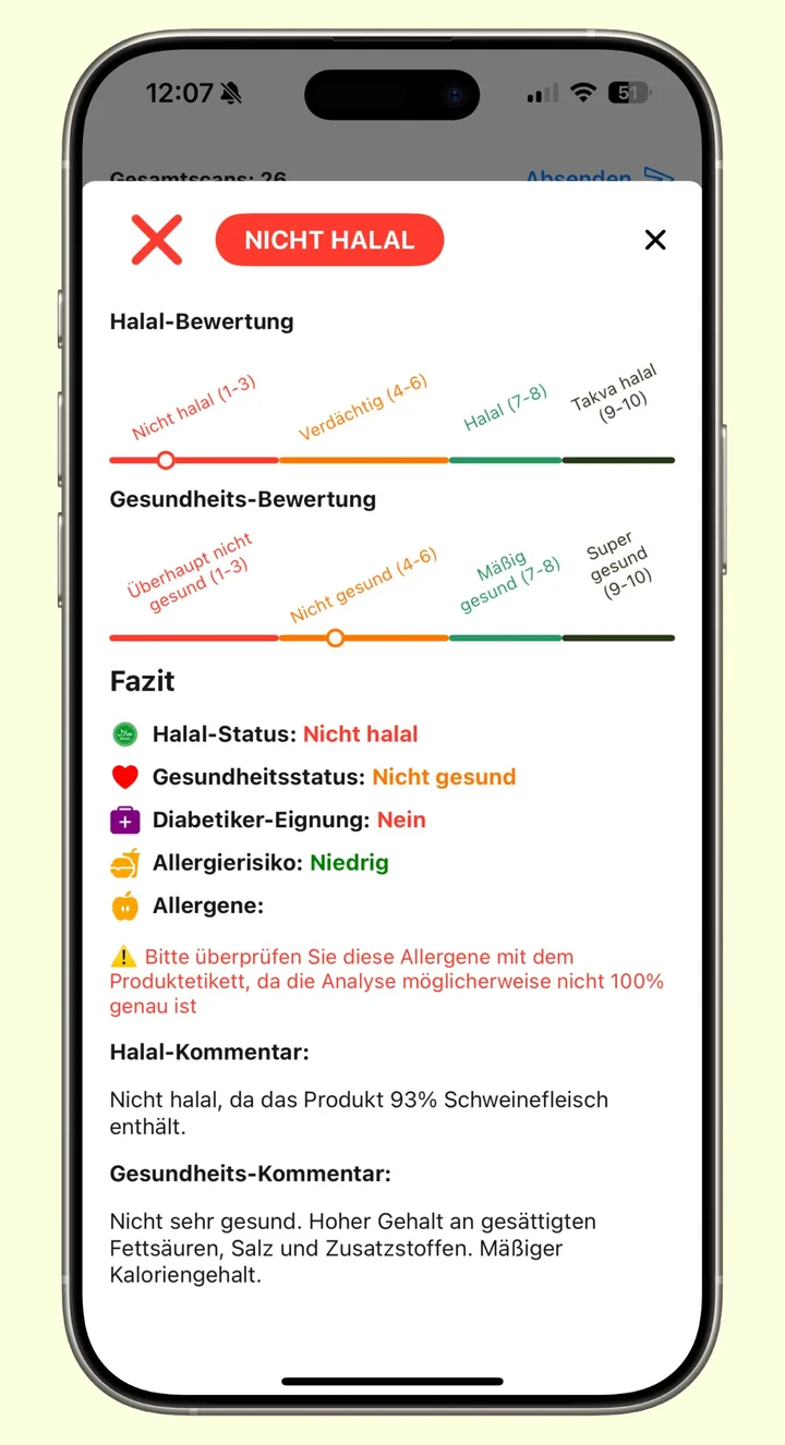 Halal Scanner zeigt ein Scan-Ergebnis: das Urteil NICHT HALAL mit Halal- und Gesundheitsskala, der Begründung, Allergierisiko, Diabetiker-Eignung und Allergenen