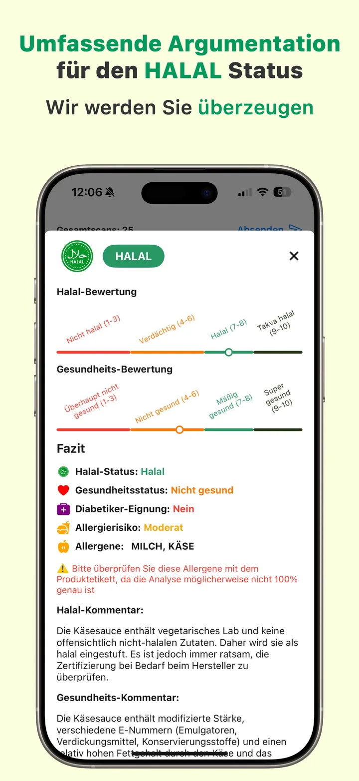 Ein HALAL-Urteil in Halal Scanner mit vollständiger Begründung: jede Zutat erklärt, dazu ein Gesundheitskommentar