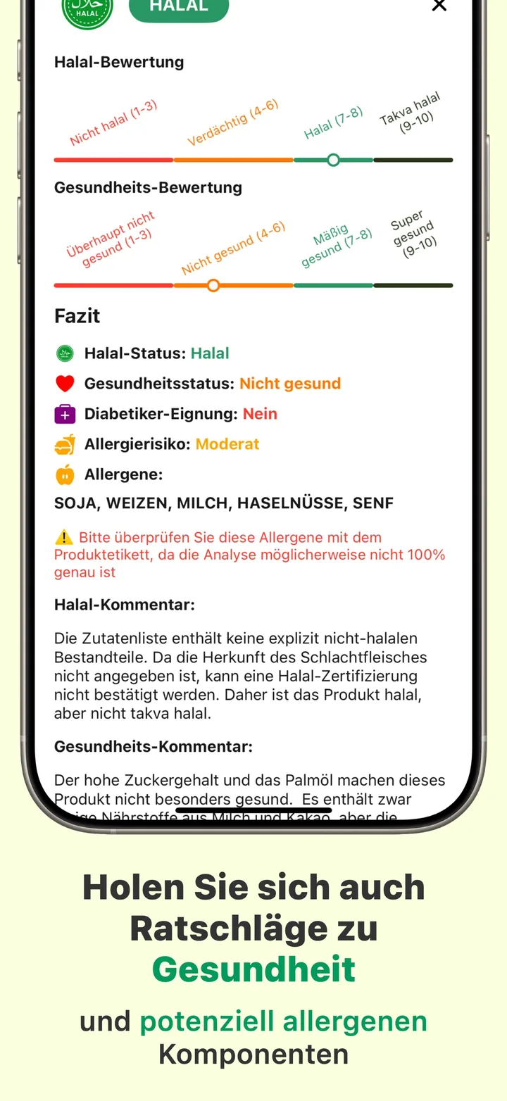 Gesundheitshinweise neben dem Halal-Urteil — Allergierisiko, Diabetiker-Eignung und die im Produkt gefundenen Allergene