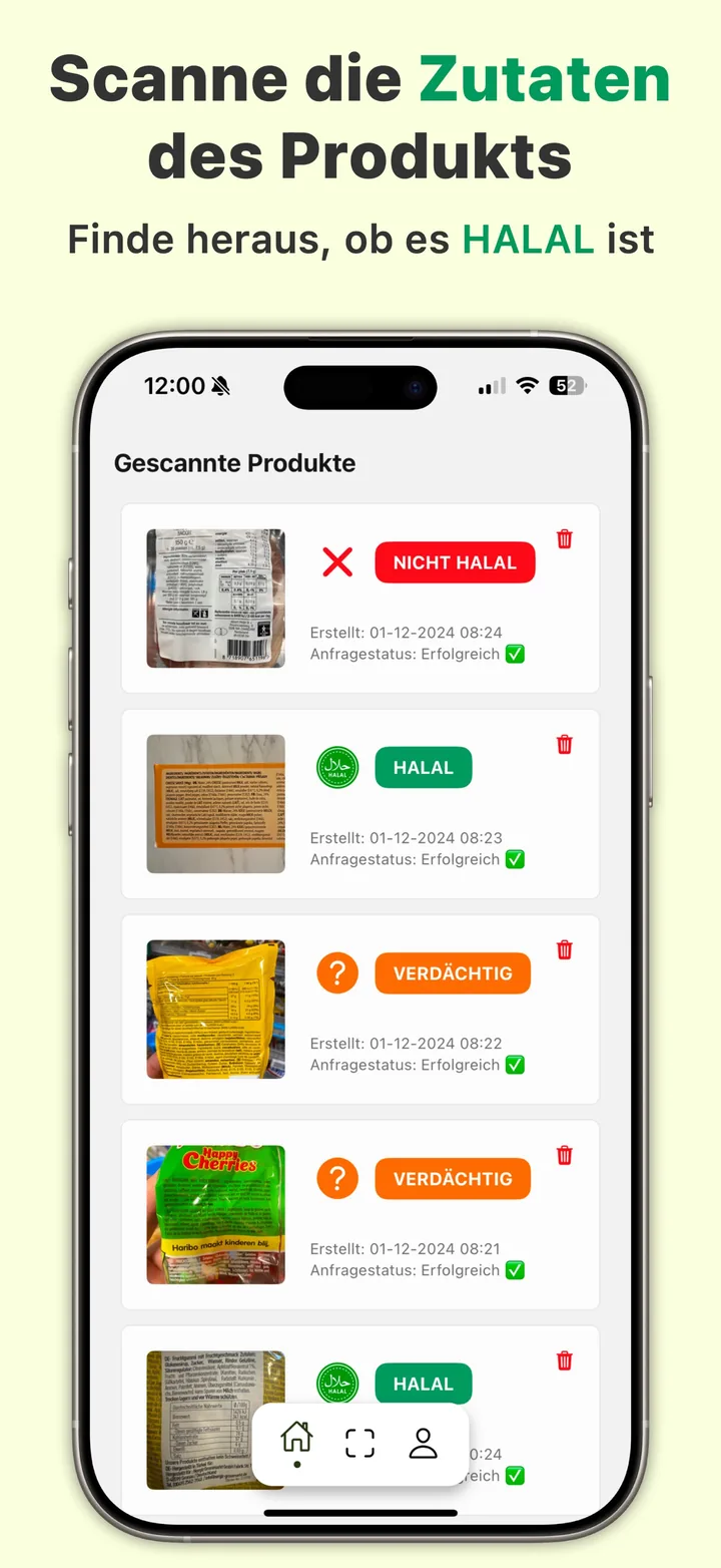 Scan-Verlauf in Halal Scanner, gefiltert nach halal, zweifelhaft und nicht halal