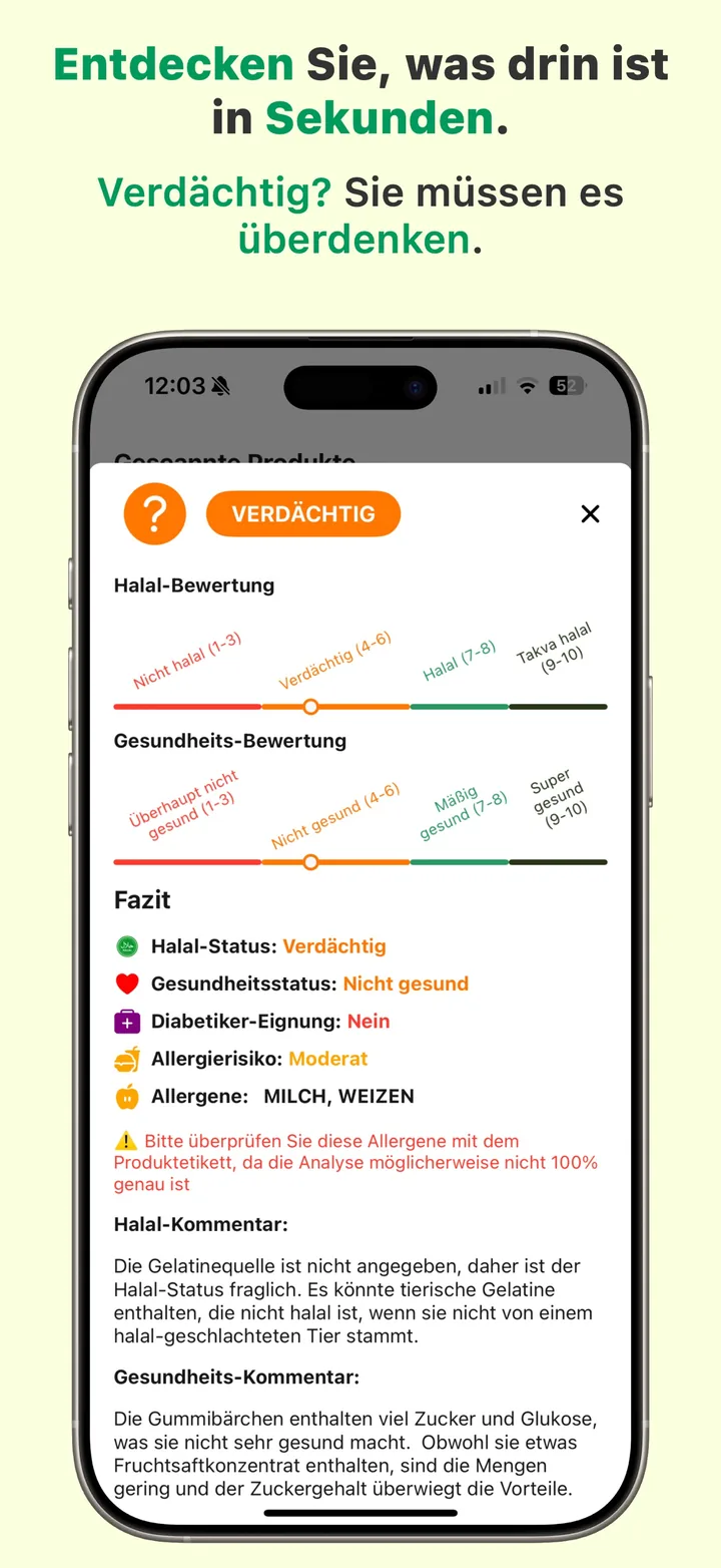 Ein ZWEIFELHAFTES (mushbooh) Urteil in Halal Scanner mit Erklärung, welche unklaren Zutaten dazu geführt haben