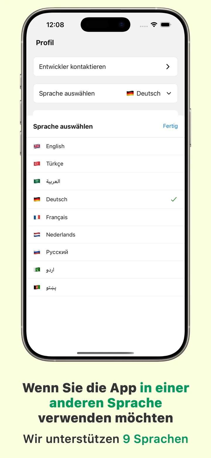 Die Sprachauswahl von Halal Scanner — die App ist in neun Sprachen verfügbar