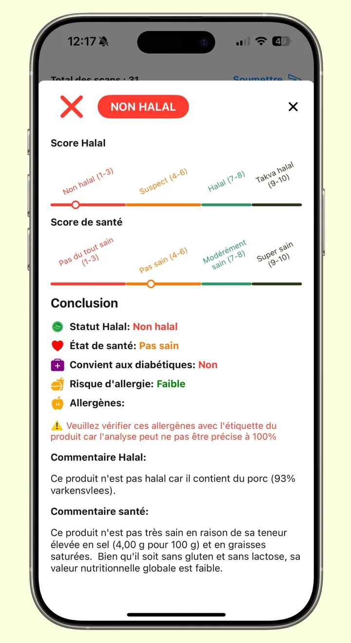 Halal Scanner affichant un résultat de scan : un verdict NON HALAL avec les échelles halal et santé, la justification du verdict, le risque allergique, l'adéquation pour les diabétiques et les allergènes