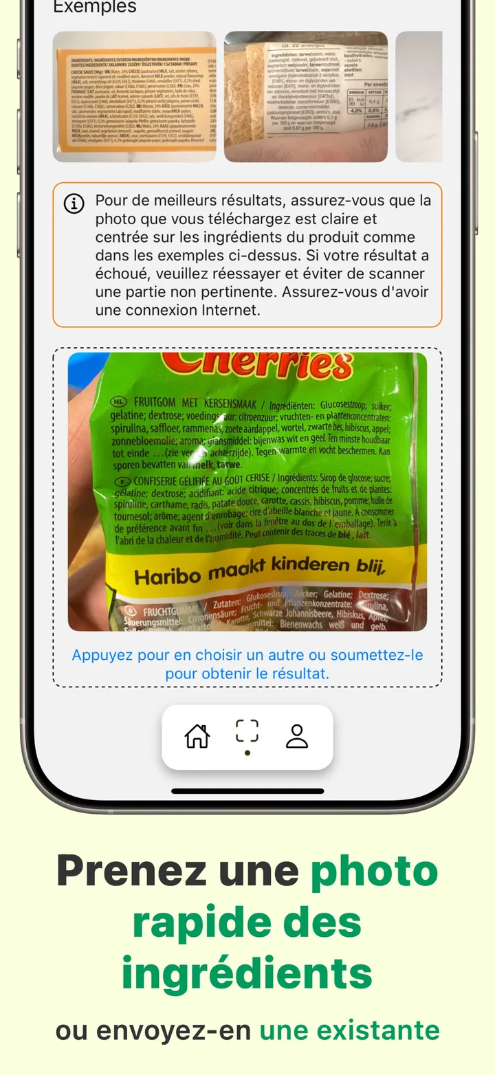 Le menu de scan de Halal Scanner : scannez un code-barres pour une correspondance immédiate, ou photographiez la liste des ingrédients pour une analyse détaillée