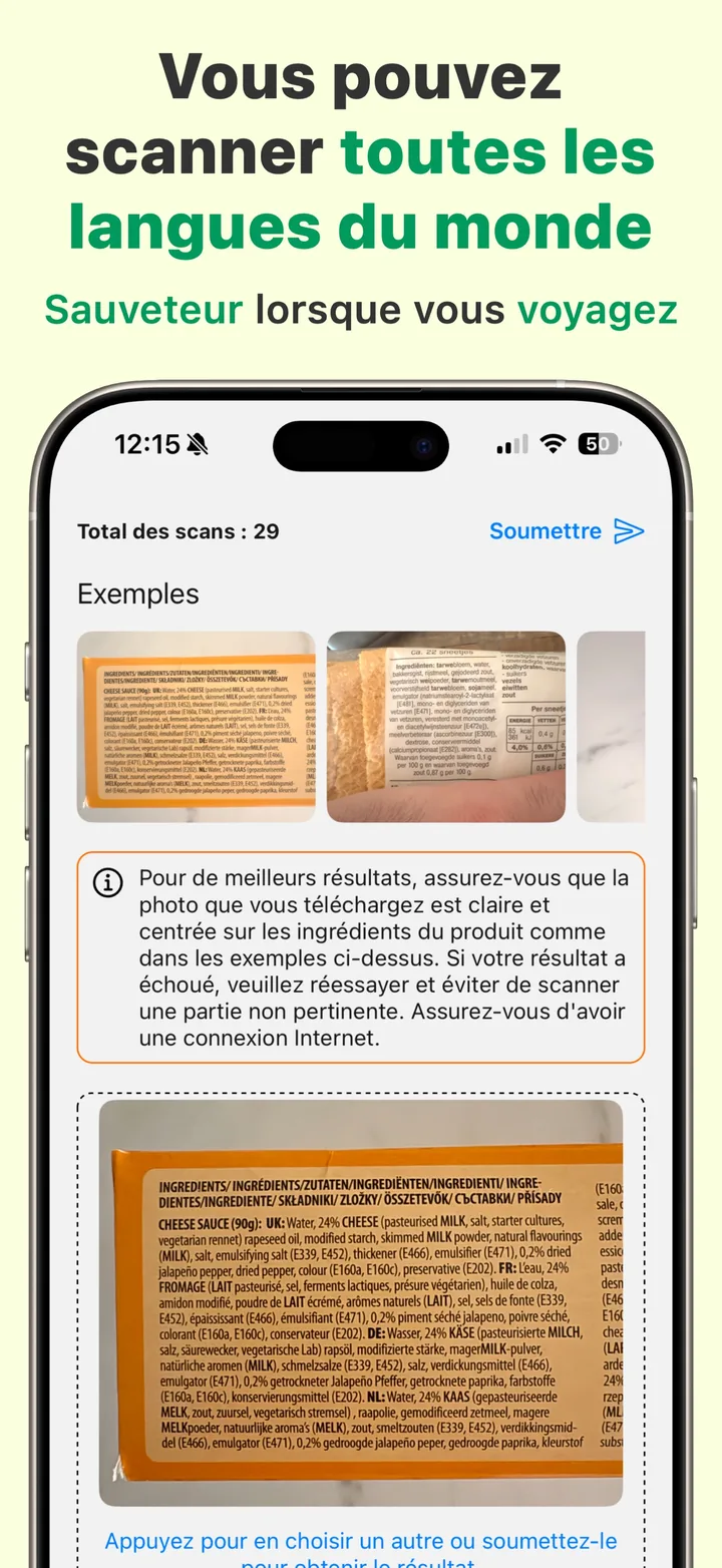 Photographie de la liste des ingrédients d'un produit avec Halal Scanner — l'app lit les étiquettes dans toutes les langues