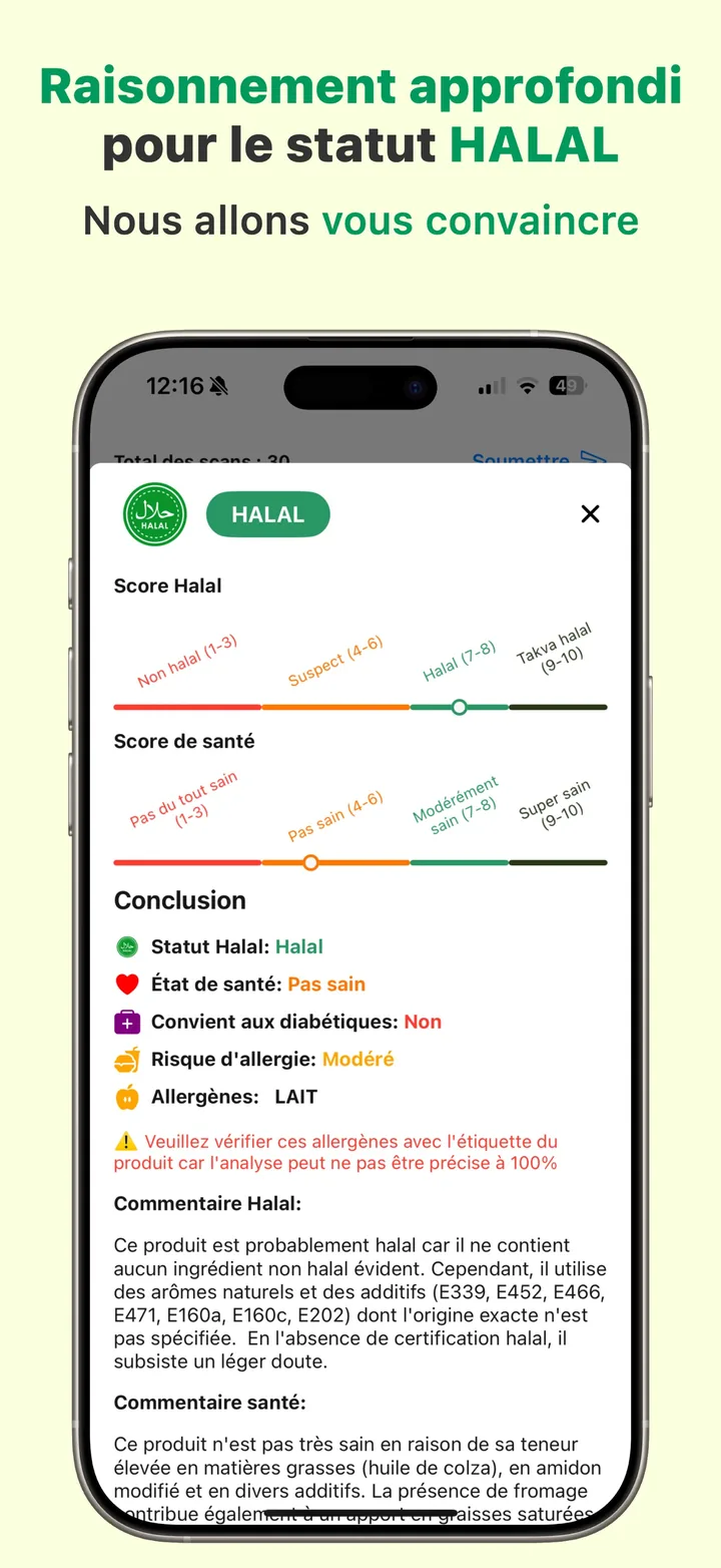 Un verdict HALAL dans Halal Scanner avec le raisonnement complet : chaque ingrédient expliqué, plus un commentaire santé