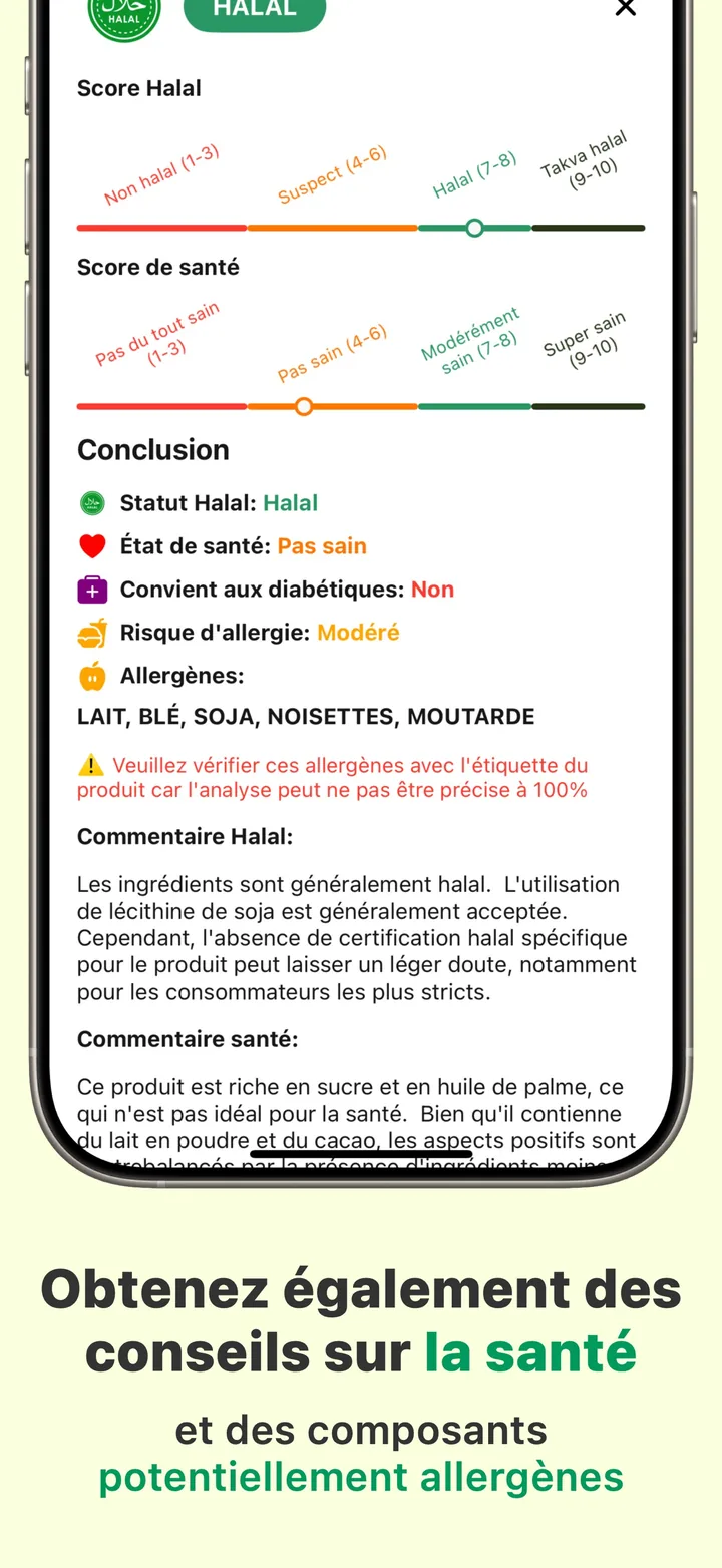 Des conseils santé aux côtés du verdict halal — risque allergique, adéquation pour les diabétiques et allergènes présents dans le produit