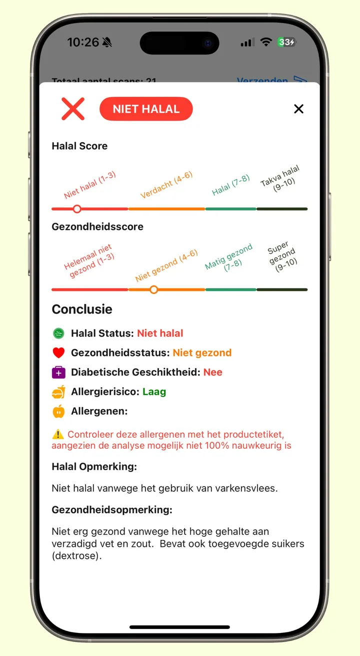 Halal Scanner toont een scanresultaat: een NIET HALAL-oordeel met de halal- en gezondheidsschalen, de onderbouwing van het oordeel, allergierisico, geschiktheid voor diabetici en allergenen