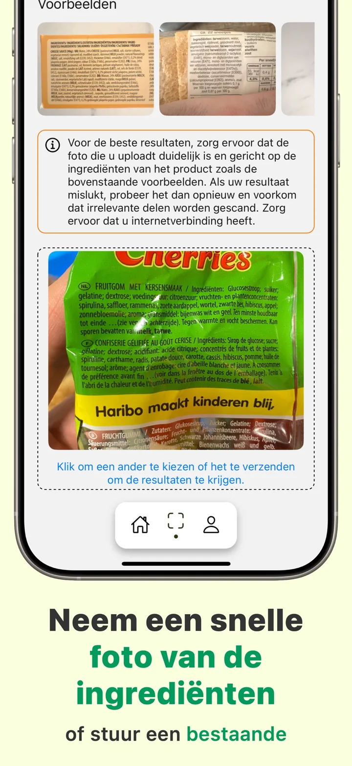 Het scanmenu van Halal Scanner: scan een barcode voor een directe match, of fotografeer de ingrediëntenlijst voor een gedetailleerde analyse