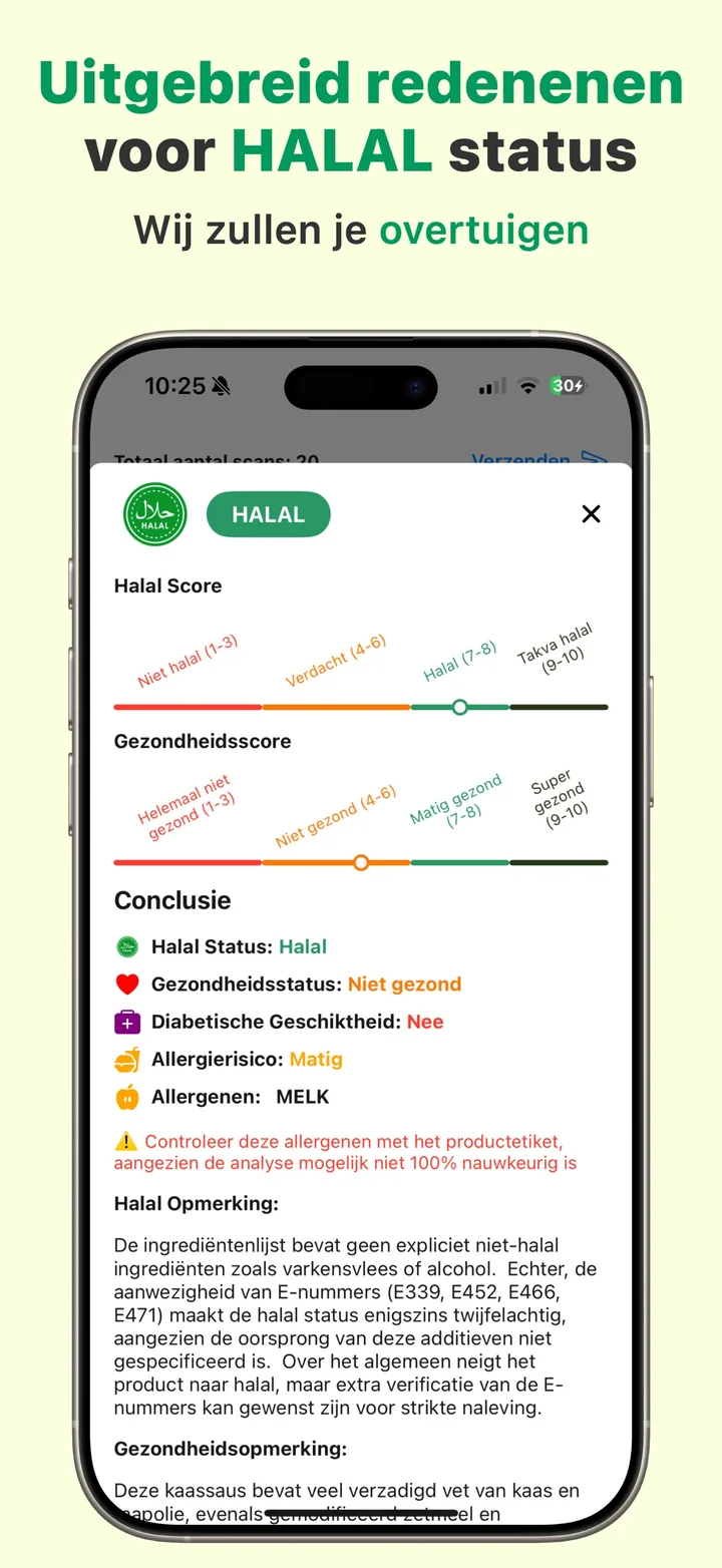 Een HALAL-oordeel in Halal Scanner met de volledige onderbouwing: elk ingrediënt uitgelegd, plus een gezondheidscommentaar