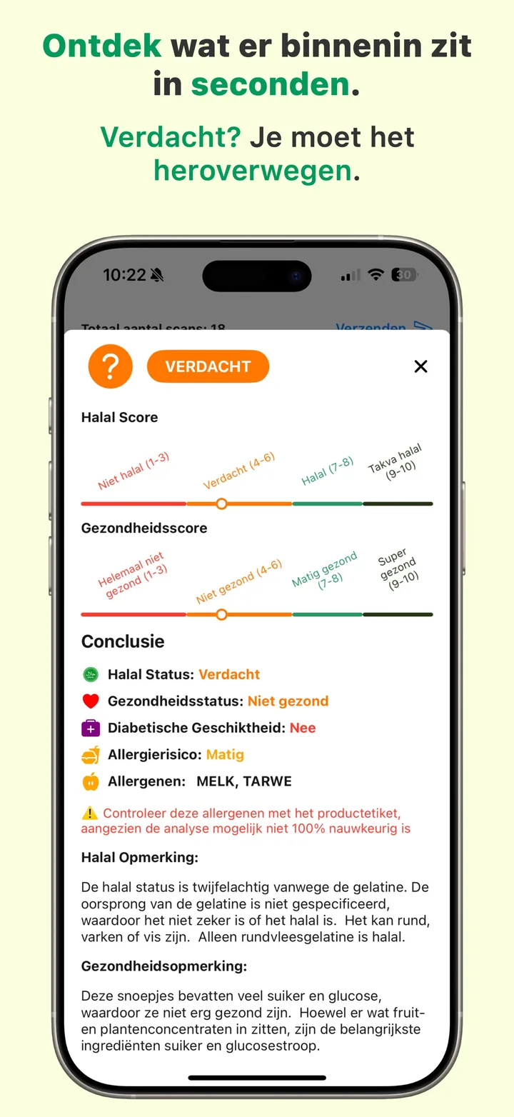 Een TWIJFELACHTIG (mushbooh) oordeel in Halal Scanner, met uitleg welke onzekere ingrediënten dit veroorzaakten