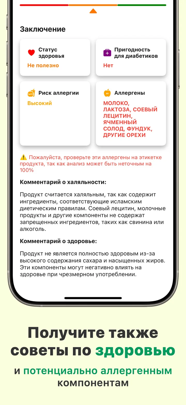 Рекомендации по здоровью рядом с вердиктом о халяльности — риск аллергии, пригодность для диабетиков и найденные в продукте аллергены