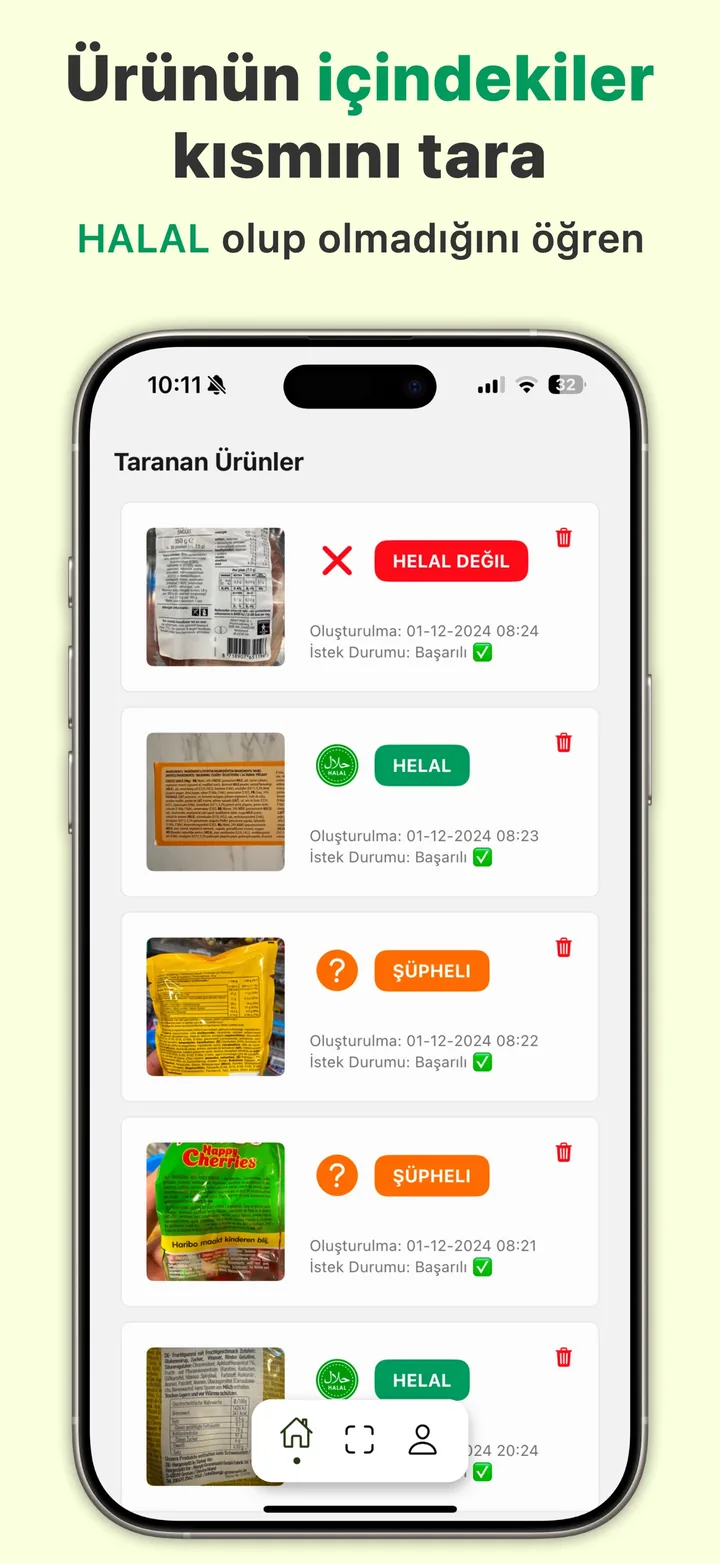 Halal Scanner'da helal, şüpheli ve helal olmayan ürünlere göre filtrelenmiş tarama geçmişi