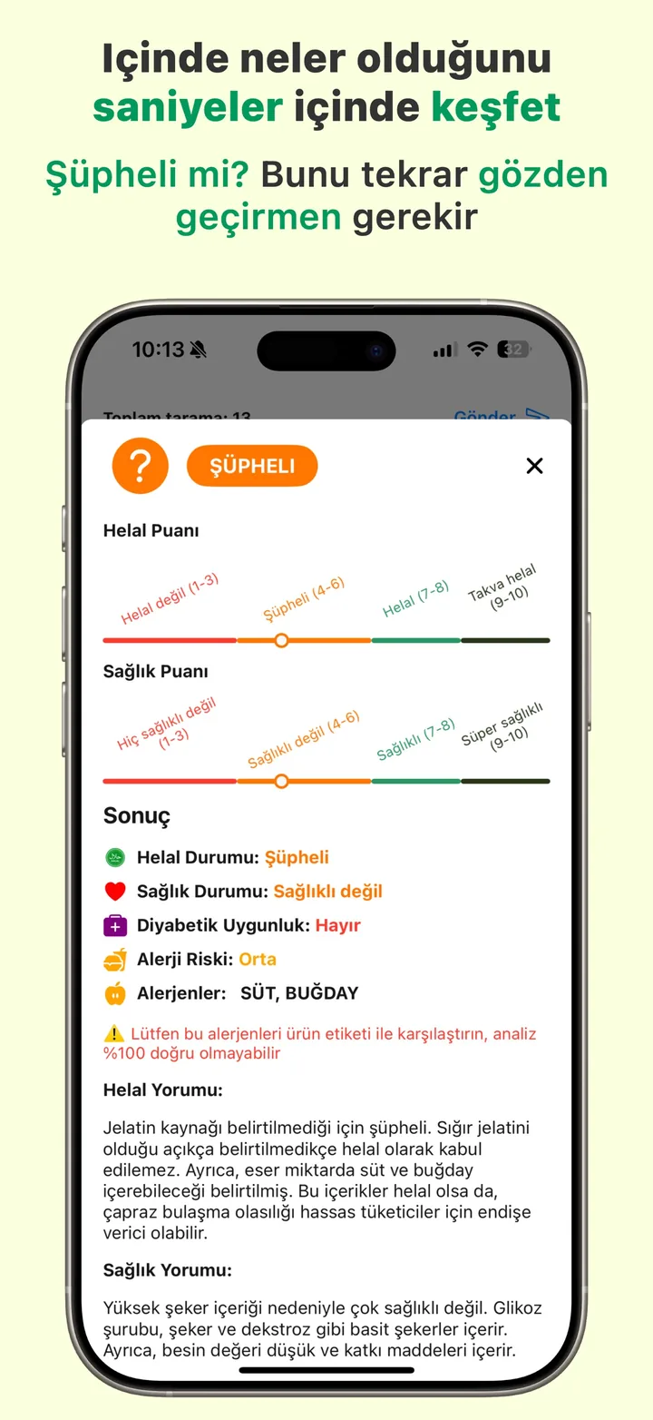 Halal Scanner'da ŞÜPHELİ (mushbooh) bir karar; hangi belirsiz bileşenlerin buna yol açtığını açıklıyor