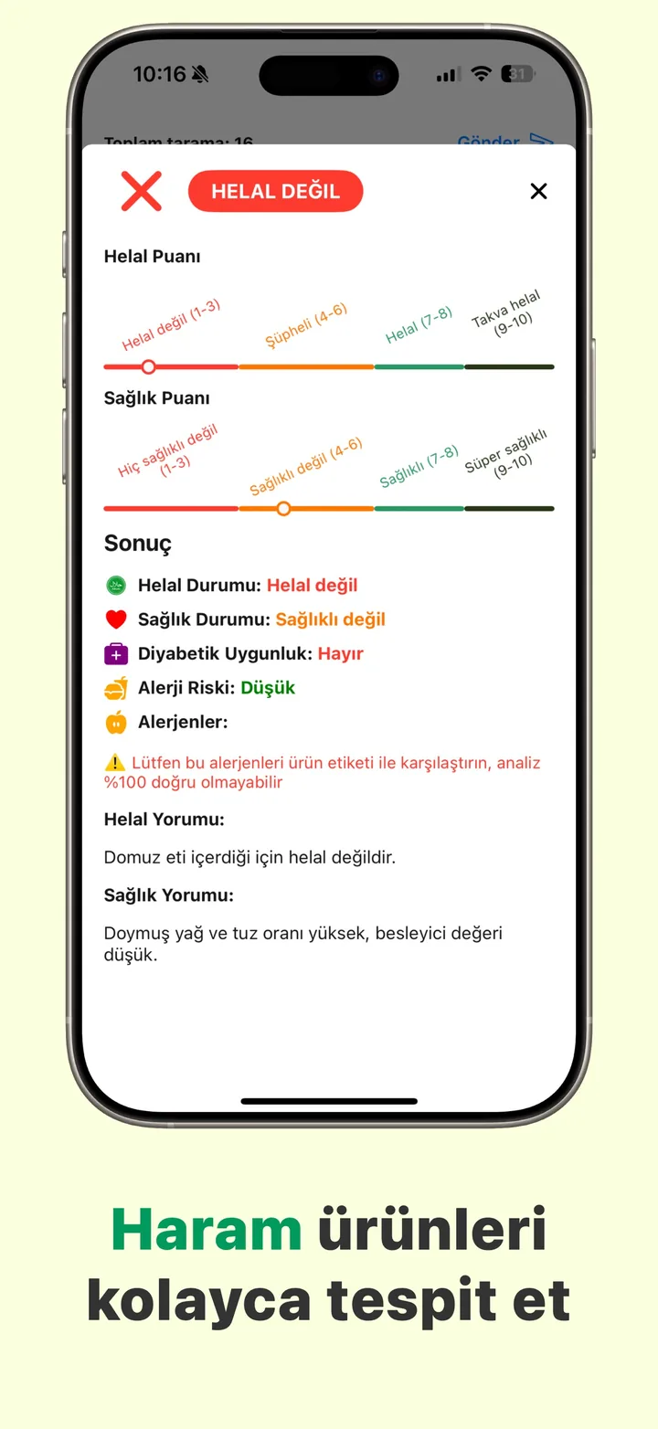 Halal Scanner'da HELAL DEĞİL kararı; buna yol açan haram bileşeni adıyla belirtiyor